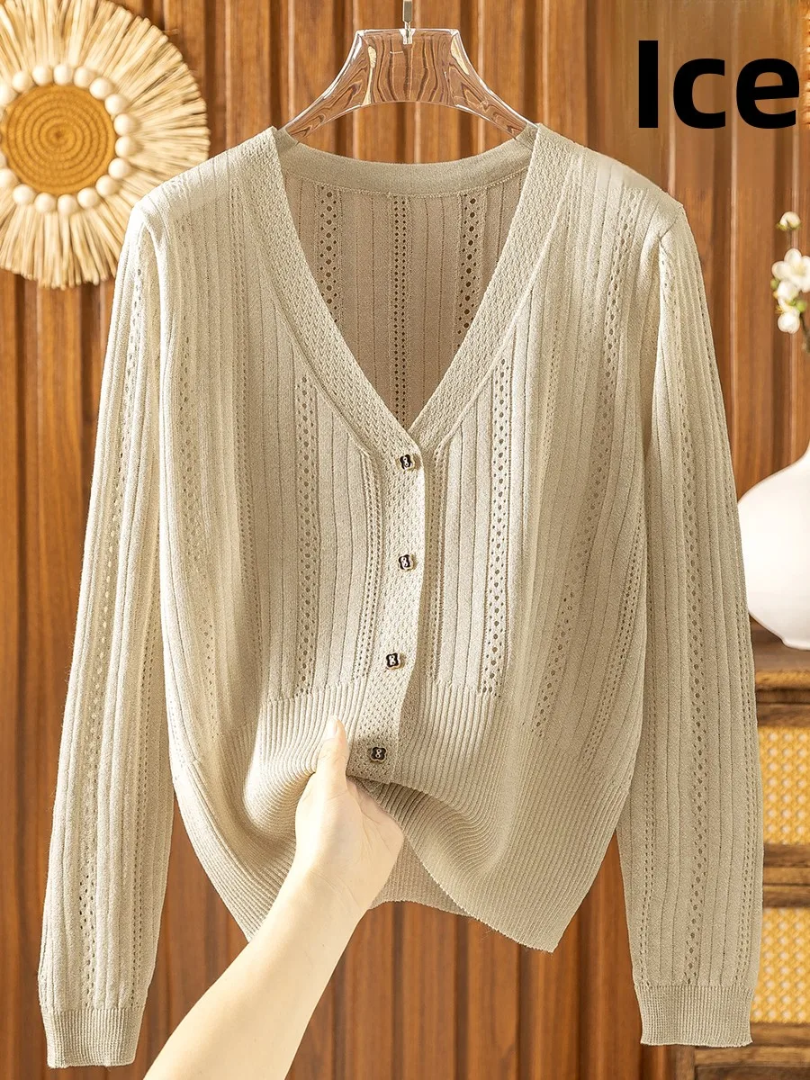 Cienka dzianinowa bluzka z jedwabiu lodowego damska letnia z dekoltem w serek chroniąca przed słońcem długi rękaw klimatyzacja lub otwarty kardigan odzież wierzchnia Hollo...
