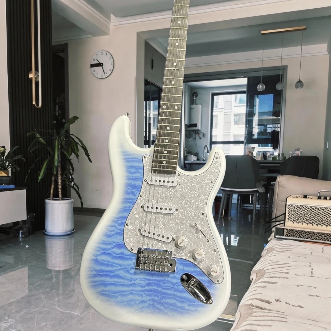 Blue Burst Quilted Maple Figured Top STq Guitar, Pearl Pickguard, SSS Single‑Coil PickupsPop Rock Performance Electric Guitar
