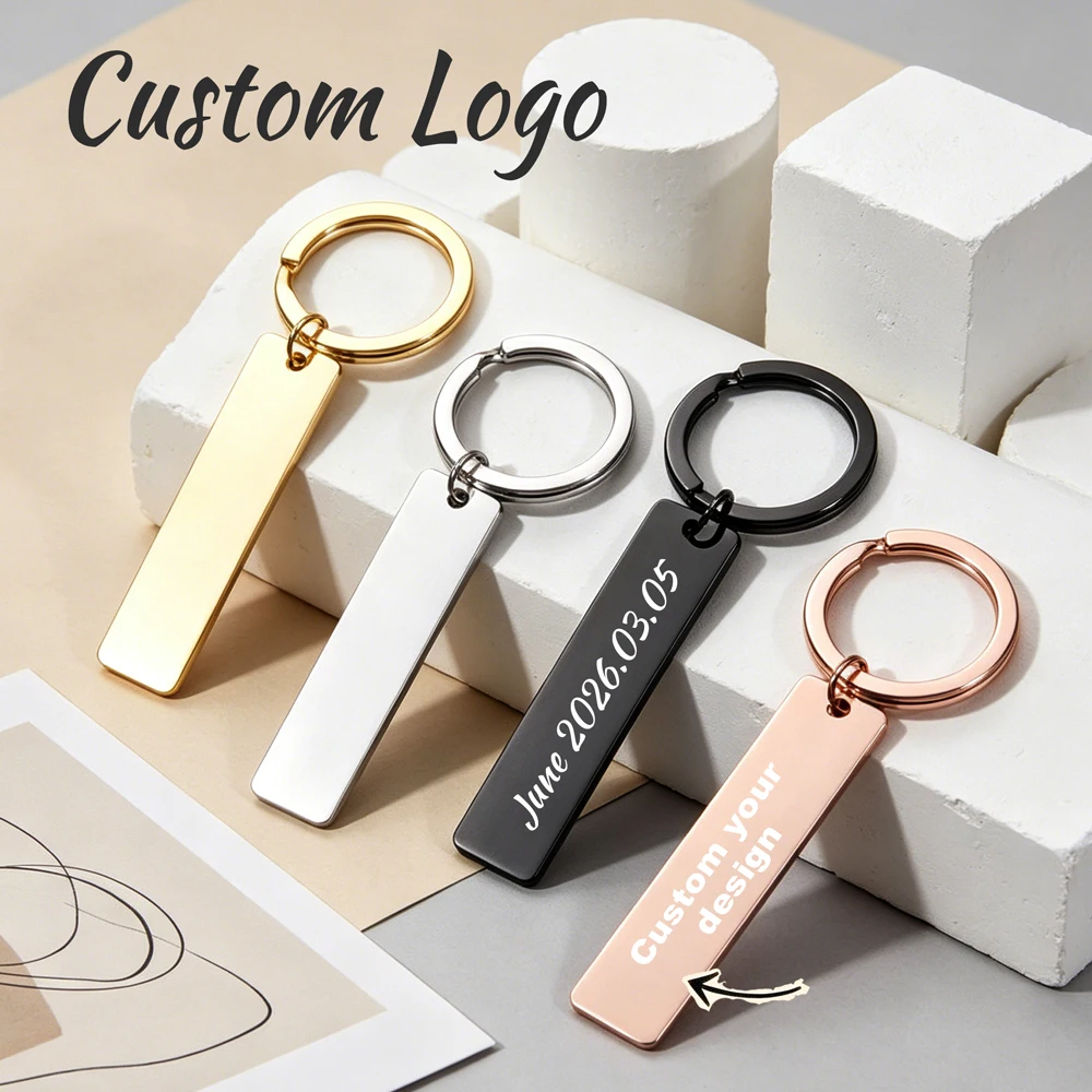 

New style Stainless Steel Custom Logo Name Keychain Rectangular Hang Tag Metal Key Ring Advertising Holiday Engraved laser Gift