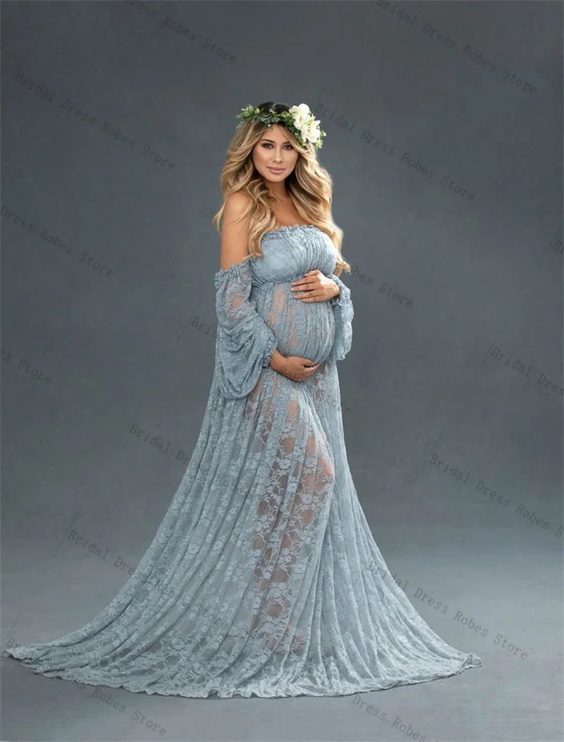 

Blue Lace Women Pregnant Prom Dress For Photo Shoot Off Shoulder Full Sleeves Bridal Morning Robe Customized Long Party Gown