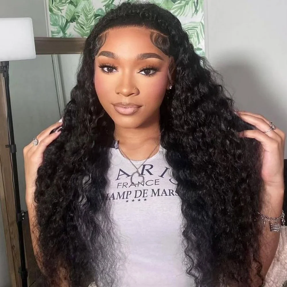 

Deep Wave 13x4 Natural Color Lace Front Wigs Human Hair Curly Wig Transparent 220Density Pre Plcked Lace Frontal Wig For Women1B