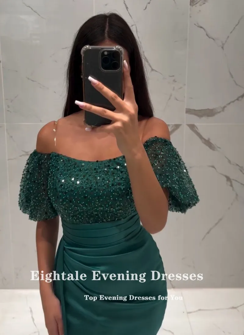 Eightale Dark Green Evening Dress Customized Short Sleeves Sequin Side Slit Formal Arabic Mermaid Wedding Party Prom Gowns Satin