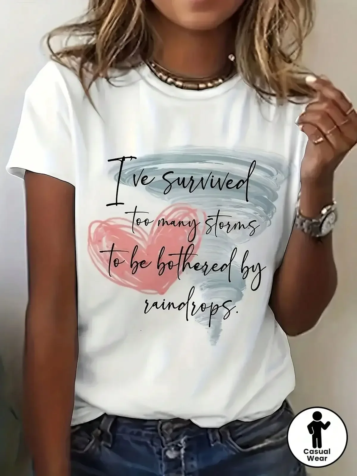 Women Casual Print T-Shirt Short Sleeve O-Neck with Featuring An Inspirational Quote and A Red Heart Design Motivational Apparel