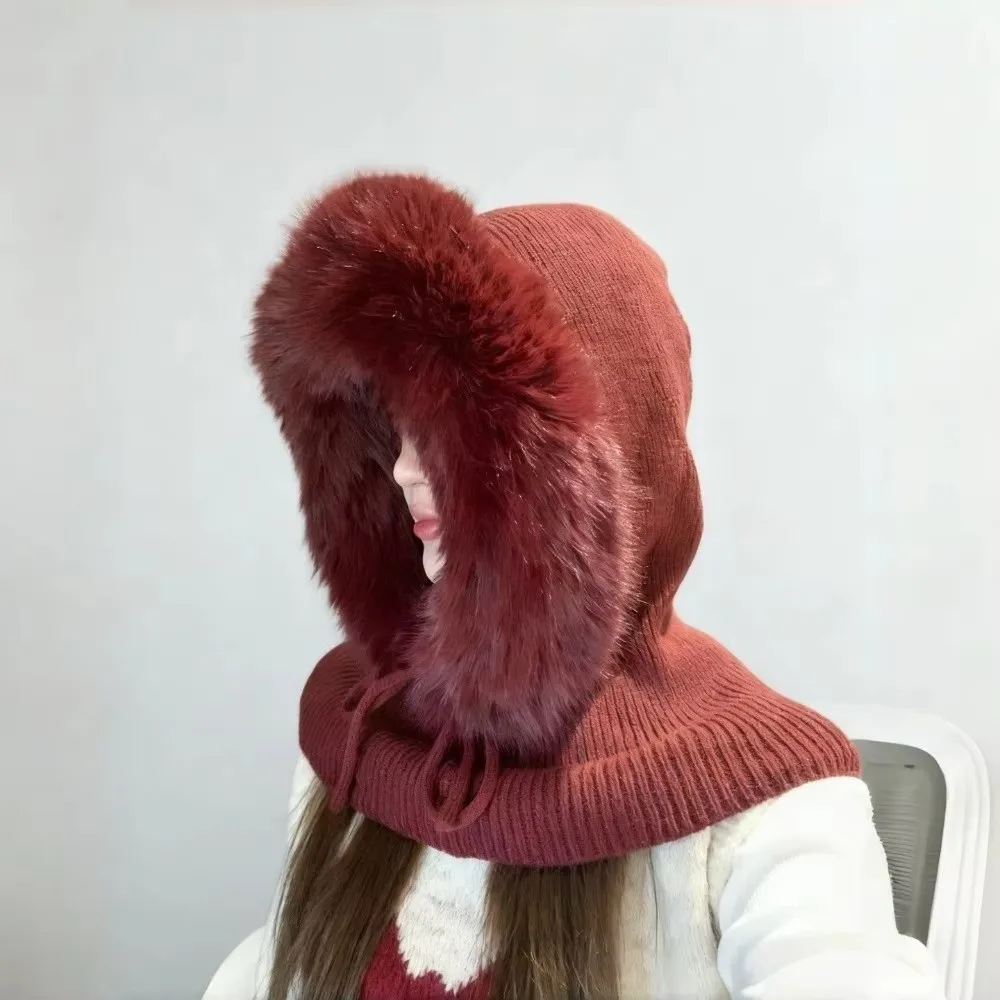 Versatile Balaclava Hat Imitation Mink Wool Integrated Neck Guard Knitted Hat Drawstring Design Cold-proof Pullover Hat