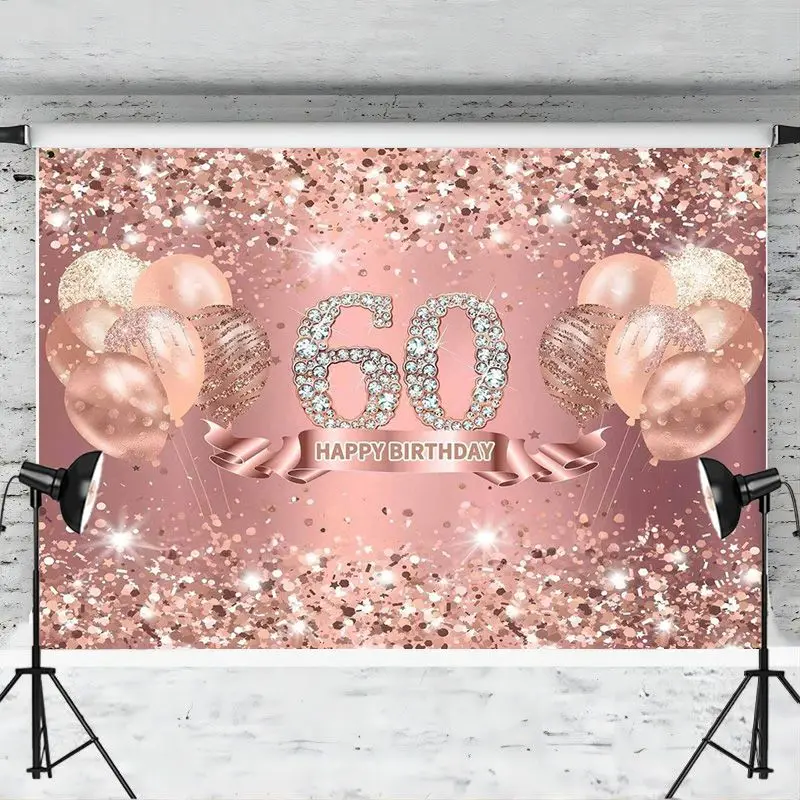 Rose Gold Bling Sequin Pink Balloon Diamond Photography Background Number Women Happy 60th Birthday Backdrops Party Decoration