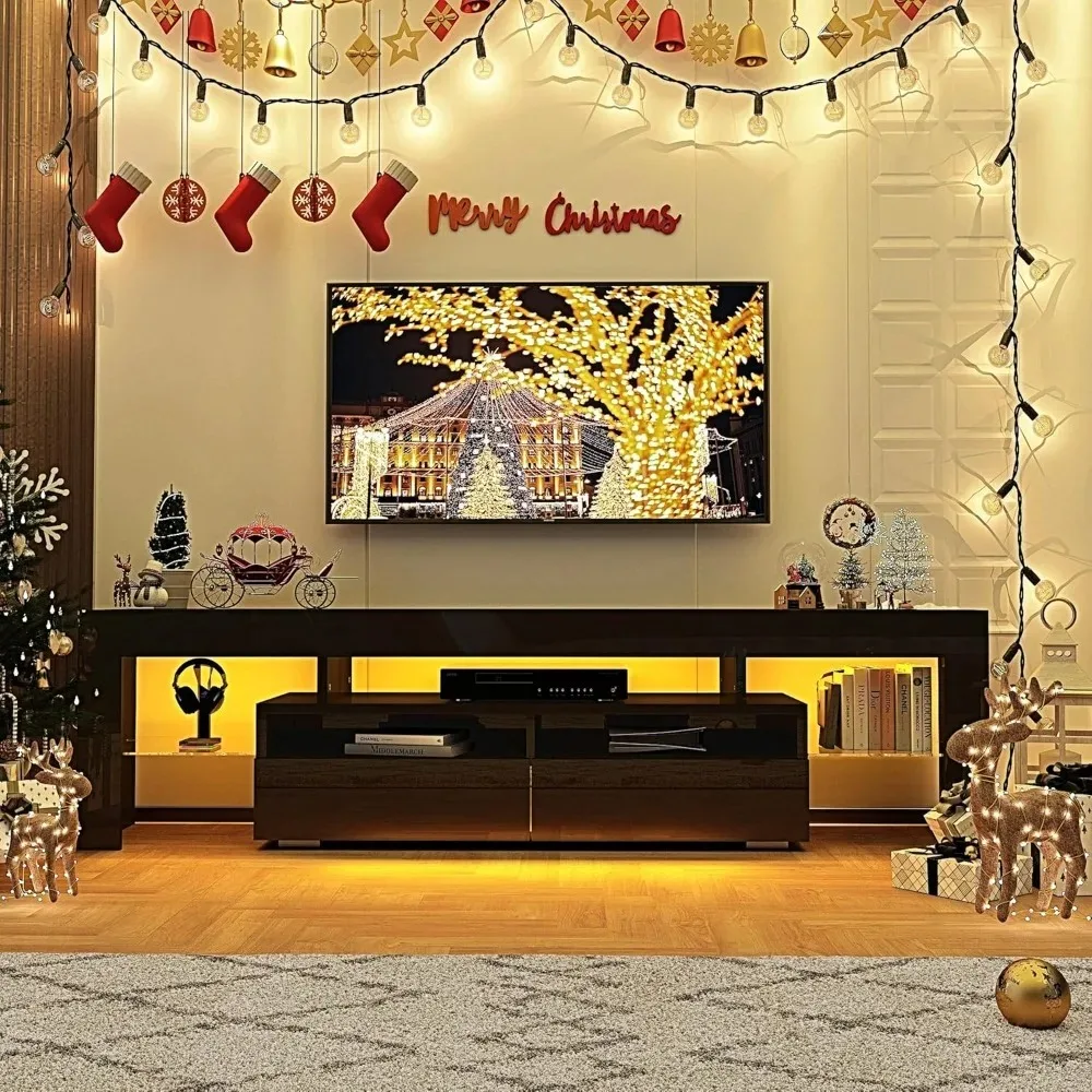 70in TV Stand 65/70 inch TV,Modern LED TV Stand Living Room,Black Stand,High Gloss Entertainment Center Storage Drawer