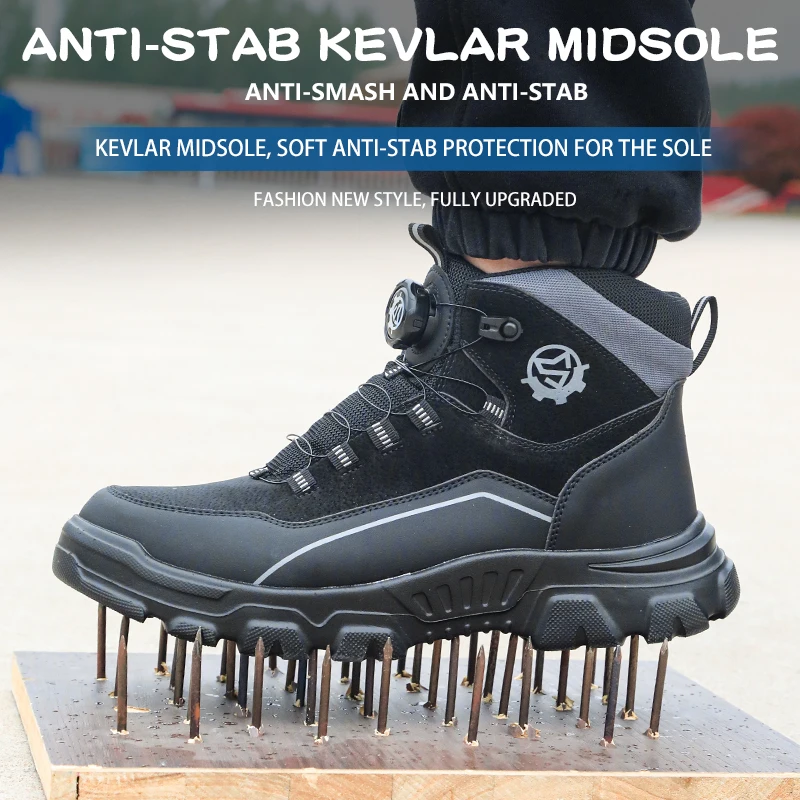High Top Knob Buckle Safety Shoes, Mining Boots, Work Shoes, Anti-Smashing and Anti-Piercing Lightweight