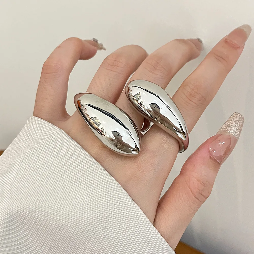 Metal Glossy Double Water Drop Open Ring for Women European and American Personality Exaggerated Trend Jewelry Accessories