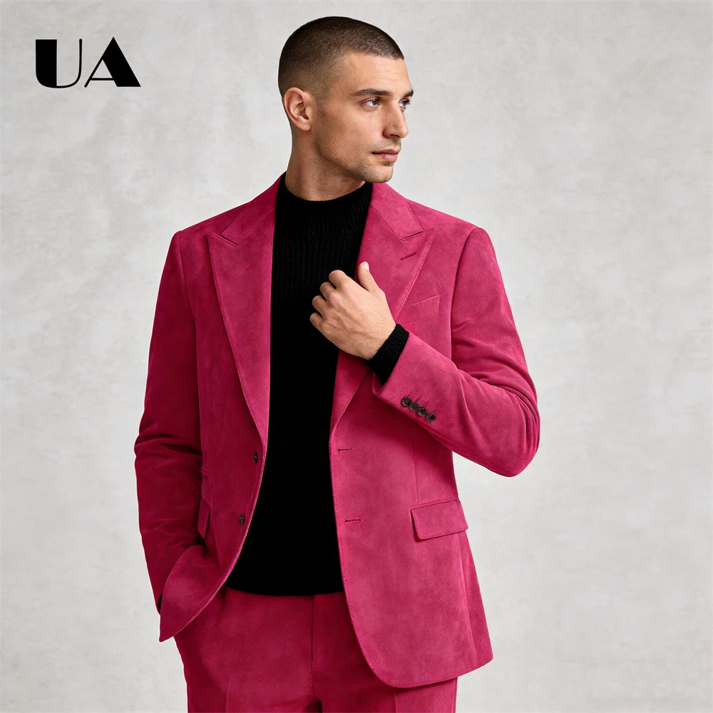 Fuchsia Velvet 2-Piece Mens Suit One Single Button Formal Party Suit Attire Tailored Fitting Mens Formal Tuxedo Jacket Pants