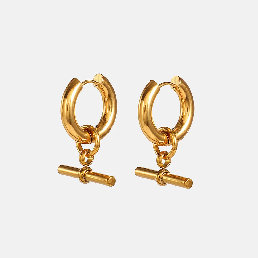 New Gold Plated Stainless Steel T Bar Pendant Hoop Earrings for Women Metal Dangle Hoop Earring Waterproof 2022