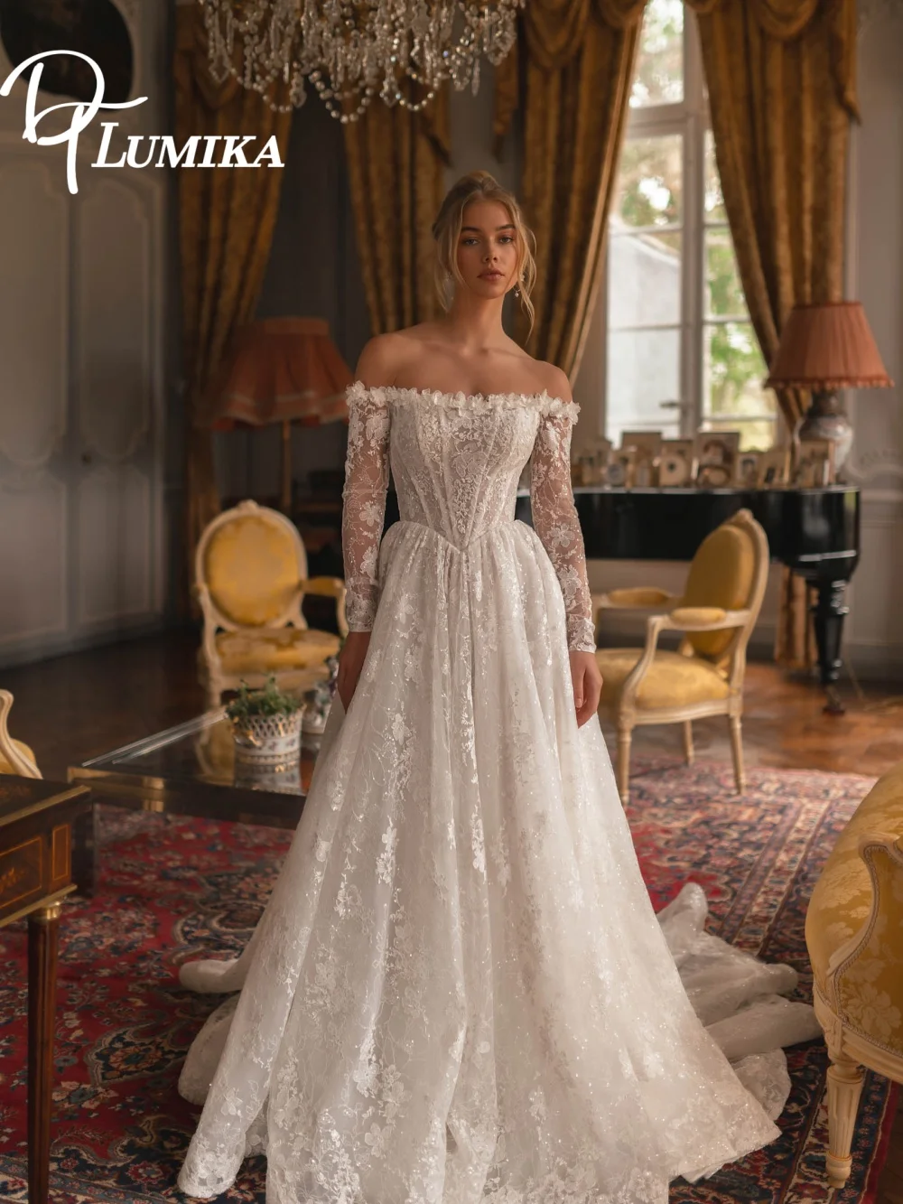 

Gentle Off-Shoulder Lace-Sleeve Wedding Dress 2026 Romantic Sparkling Bridal Gown Fashion A-Line Floor-Length Bridal Dress Robe