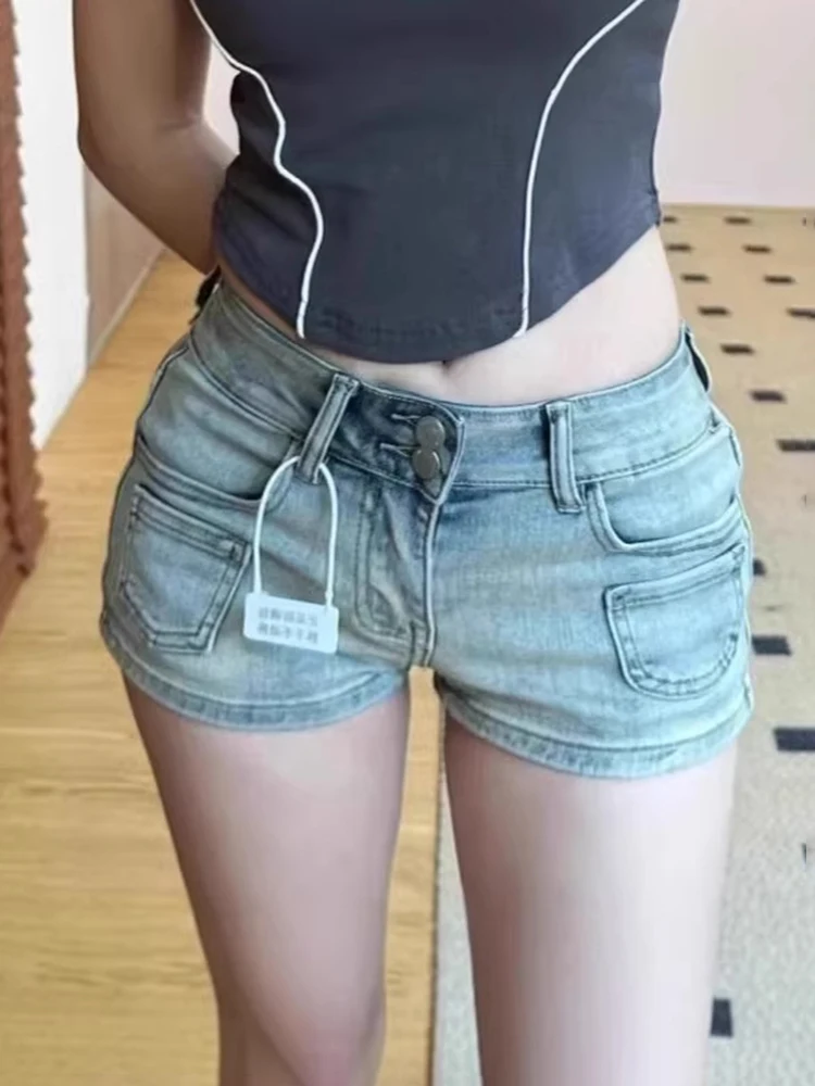 

Y2K Light Color Denim Shorts Low Waist Straight Leg Slim Fit A Line Hip Hugging Hot Pants Summer for Women