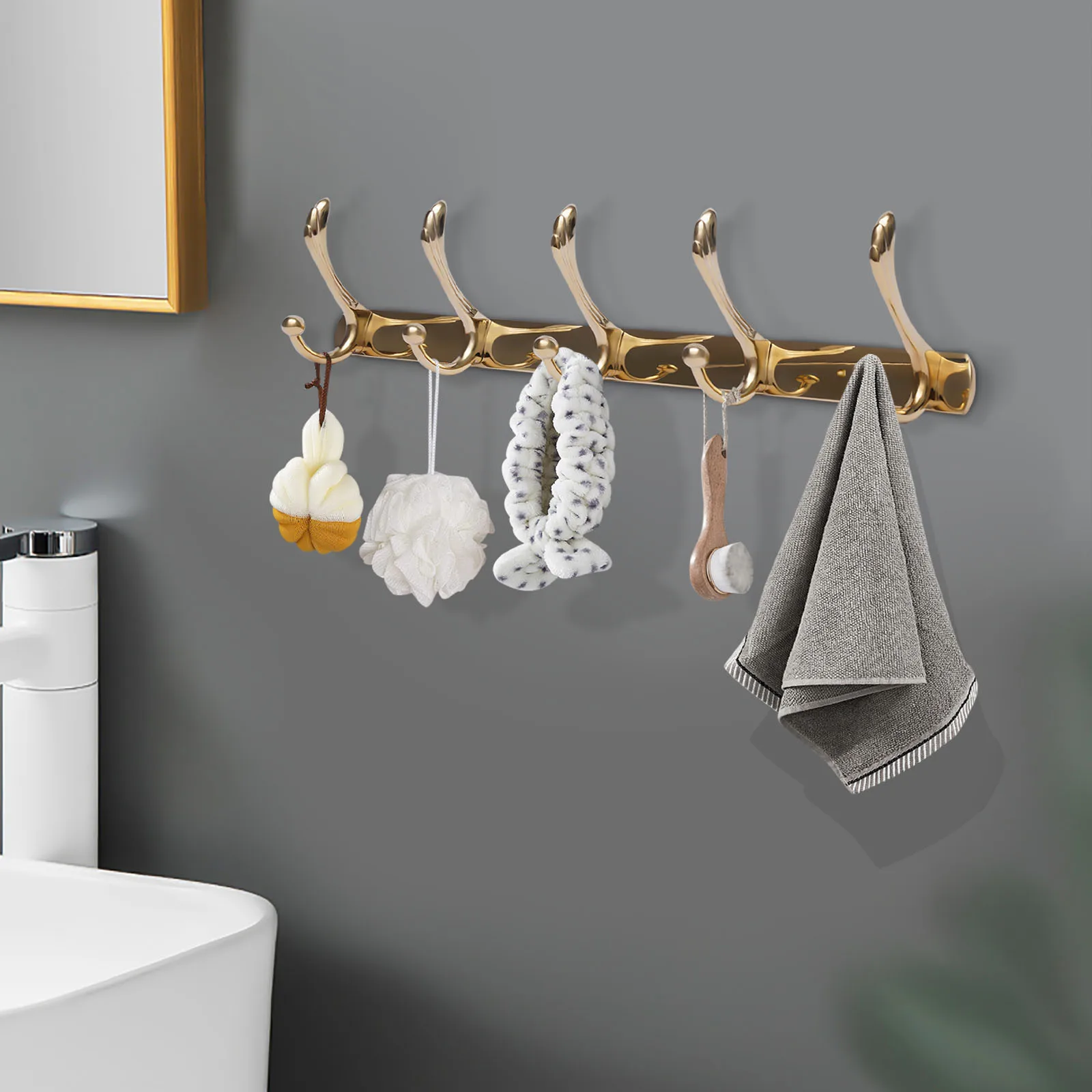 Polished Gold Wall Mounted Robe  Cloth Hanger Door Hooks Coat Rack 5 Hooks