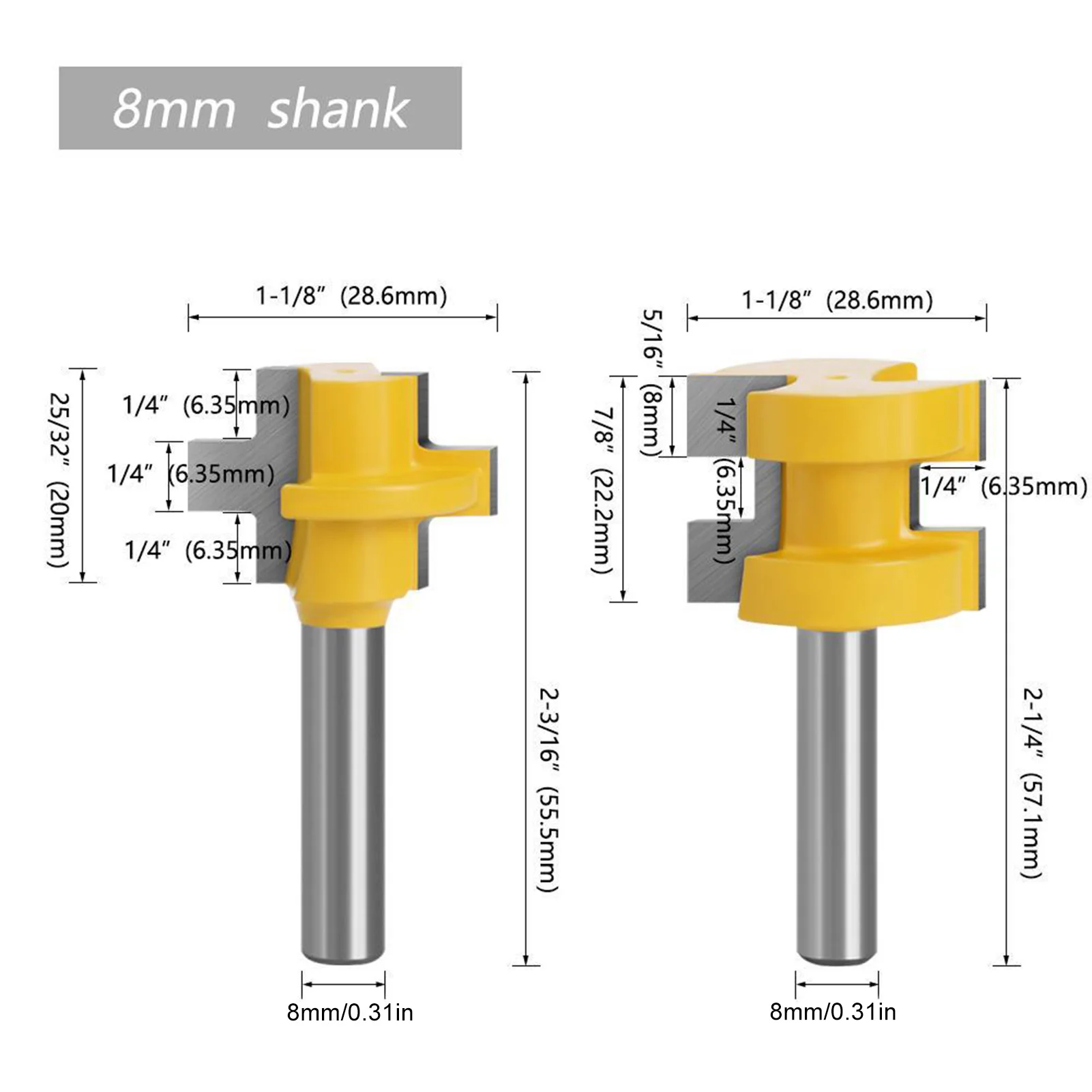 2PCS Coltelli per giuntura in carburo di tungsteno tipo T Set 1/4 pollici 1/2 pollici Denti quadrati Strumenti per pavimenti per la lavorazione del legno fai da te