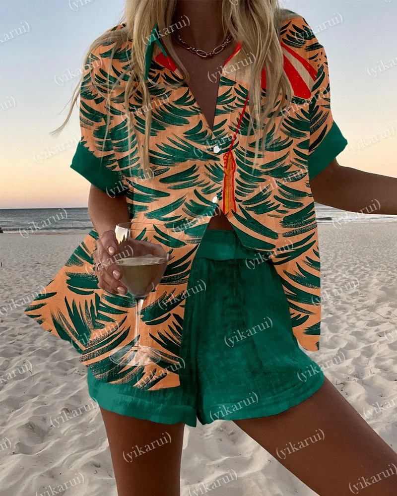 

Fashion Print Beach Holiday Shorts Sets For Women Summer Short Sleeve Shirts Top Wide Legs Shorts New Beachwear Two Piece Sets