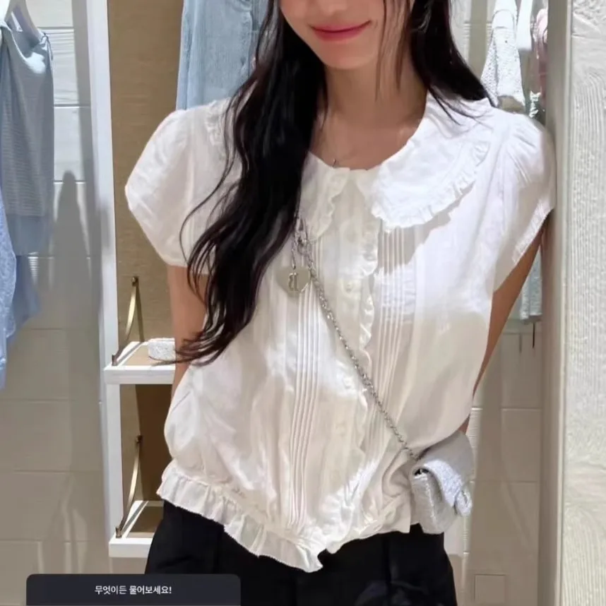 

Sweet Fre Sle Loose ort Sve Baby Collar Cotton irt Women's Top with Lace Hem Casual Summer Breathable Thin Fabric