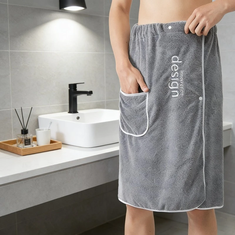 La lana Coral para hombre es fácil de absorber el agua se puede envuelto en el albornoz de casa se puede ajustar Toalla de baño bordada elástica