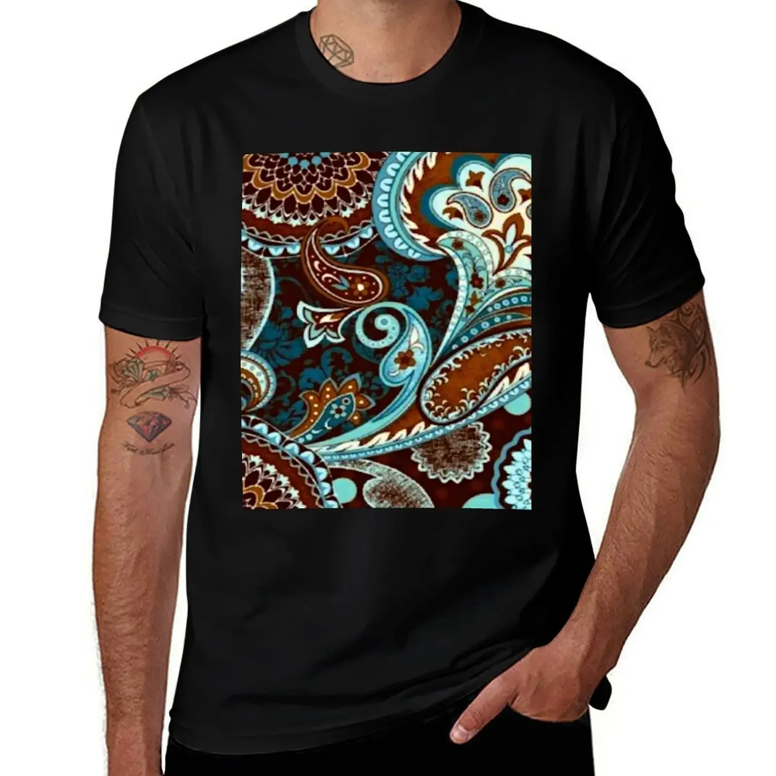 Turquoise Brown Vintage Paisley T-Shirt graphics Aesthetic clothing t shirts for men graphic