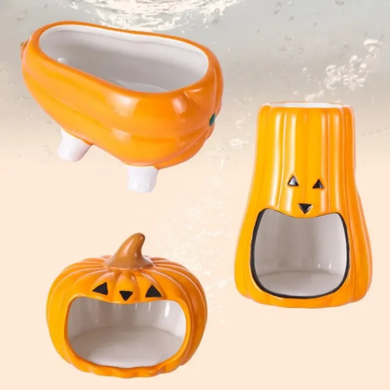 Juego de necesidades diarias de hámster de calabaza de dibujos animados, tazón de comida de cerámica para hámster, bañera refrescante, nido de hámster creativo bonito