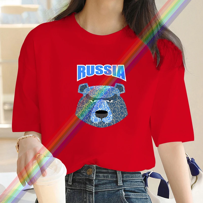 Luksusowa marka moda rosja głowa niedźwiedzia z nadrukiem wycięcie pod szyją odzież z krótkim rękawem T-Shirt Trend damski letni top Y2K