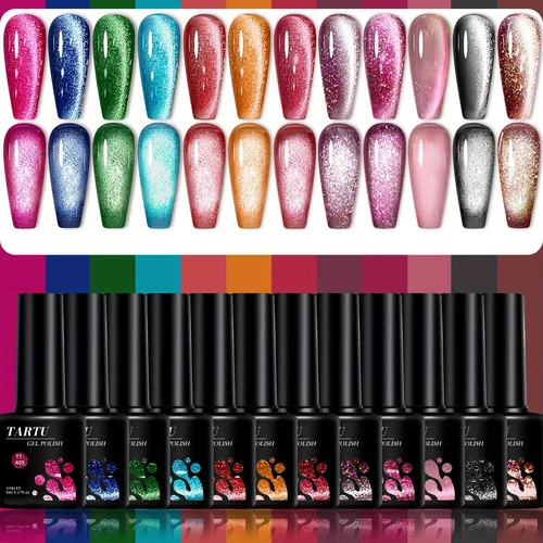 TARTU 12 Uds 8ml juego de esmalte de uñas en Gel de ojo de gato, Kit de esmalte de Gel con purpurina rosa desnuda, rojo y marrón, remojo Uv/Led, arte de uñas DIY en casa