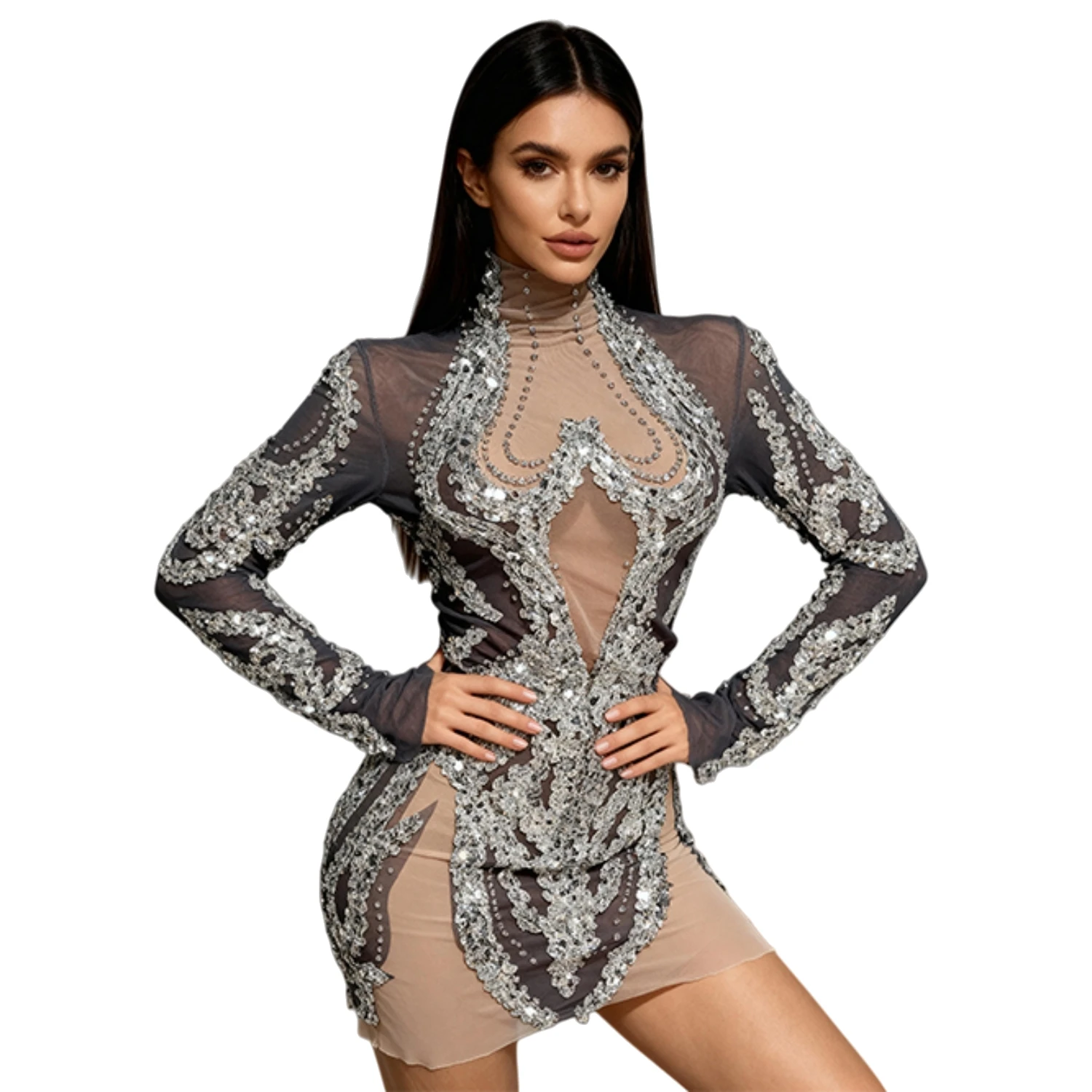

Sexy Sheer Mesh Rhinestone Mini Dress Women Bar DJ Dance Show Long Sleeves Sequins Dress Bar Drag Queen Performer Outfit Shibei