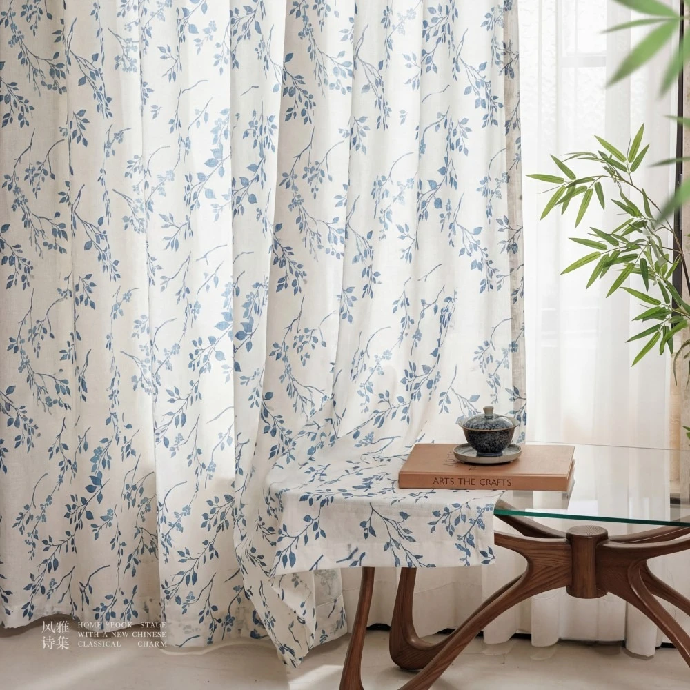 New Cotton Hemp Branch and Leaf Printed Blue Curtains for Living Room Bedroom Partition Curtain Balcony Customization