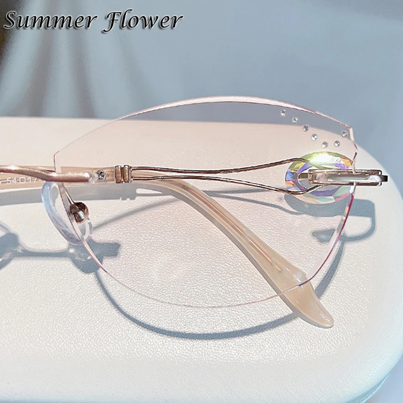 Women Rimless Diamond Eyeglasses Elegant Sunglass Luxury Durable Titanium Glasses Gradient Stone Glasses Glitter Edge Gafas