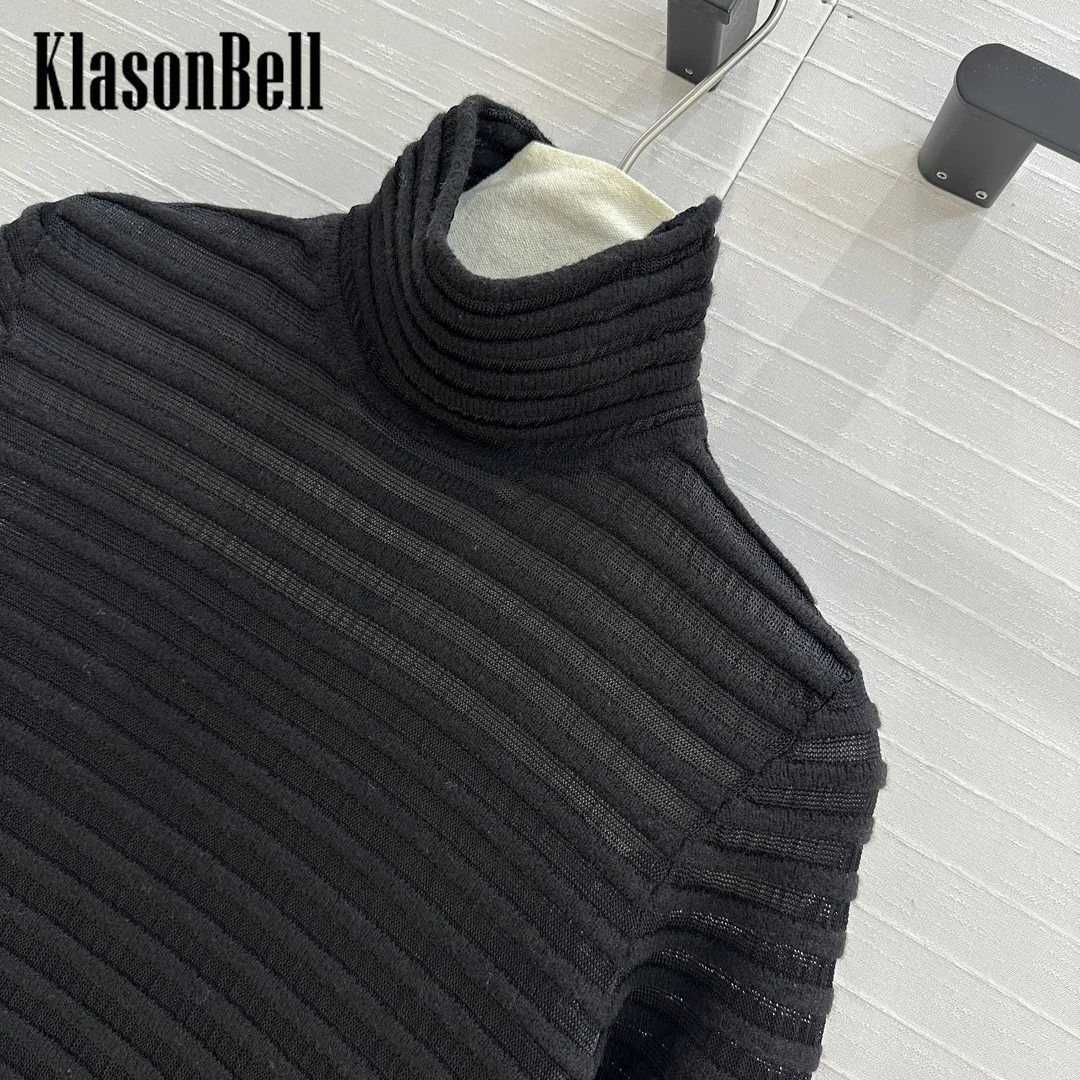 10.10 KlasonBell-Women Autumn Winter New Hollow Out Jacquard Knitwear Back Zipper Elegant Turtleneck Wool Blend Sweater