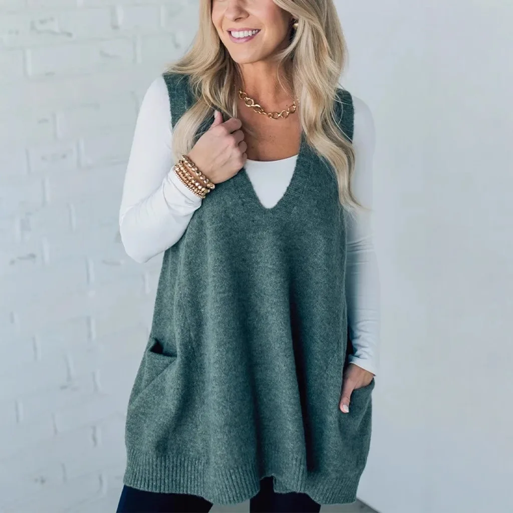 

Women's V-Neck Pocket Knitted Vest Autumn Winter Solid Color Sleeveless Sweater Top