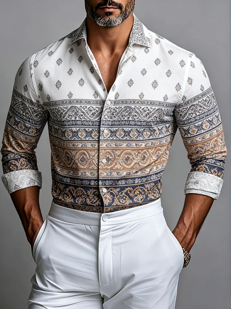 

Mens Slim Fit Long Sleeve Shirt White Paisley Bandana Print Casual Button Up Summer Vacation Shirt
