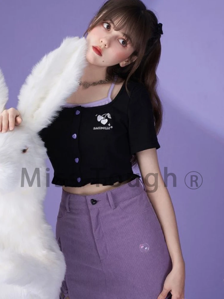 Summer Black Sweet Elegant Blouse Women Slim Korean Style Fake Two Piece Crop Tops Short Sleeve Japanese Cute Blouse Female 2022