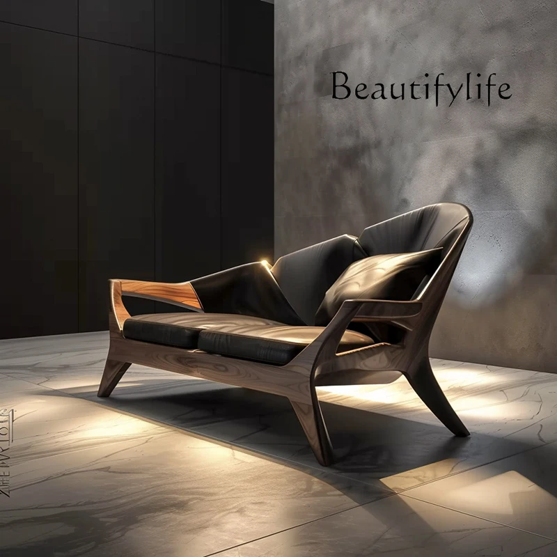 

New Chinese high-end black walnut ash wood sofa chair leather art home living room hotel office backrest