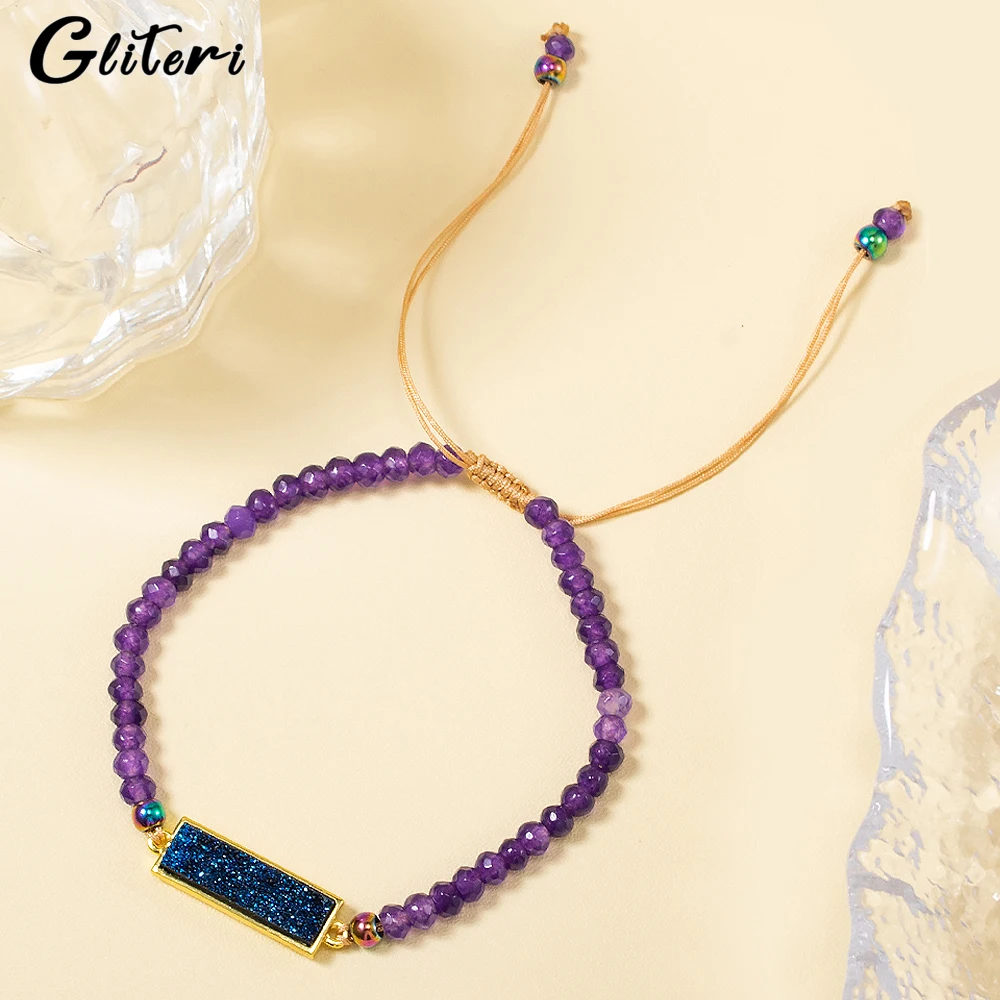 

GEITERI Bohemia Purple Beads Bracelets For Women Girls Rectangle Natural Stone Crystal Cluster Hand Rope Jewelry Beach Party Hot