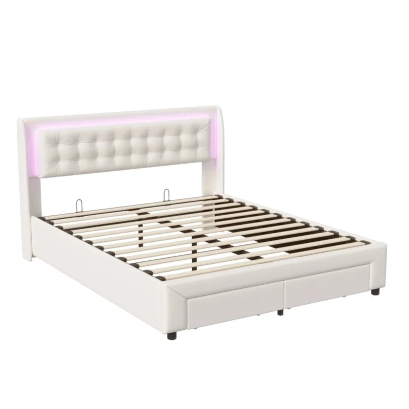 Bett 180 x 200 cm mit Lattenrost, gepolstertes Doppelbett mit hydraulischem Stauraum und 2 Schubladen, Stauraumbetten Jugendbett mit Samtkopfteil, Beige, ohne Matratze