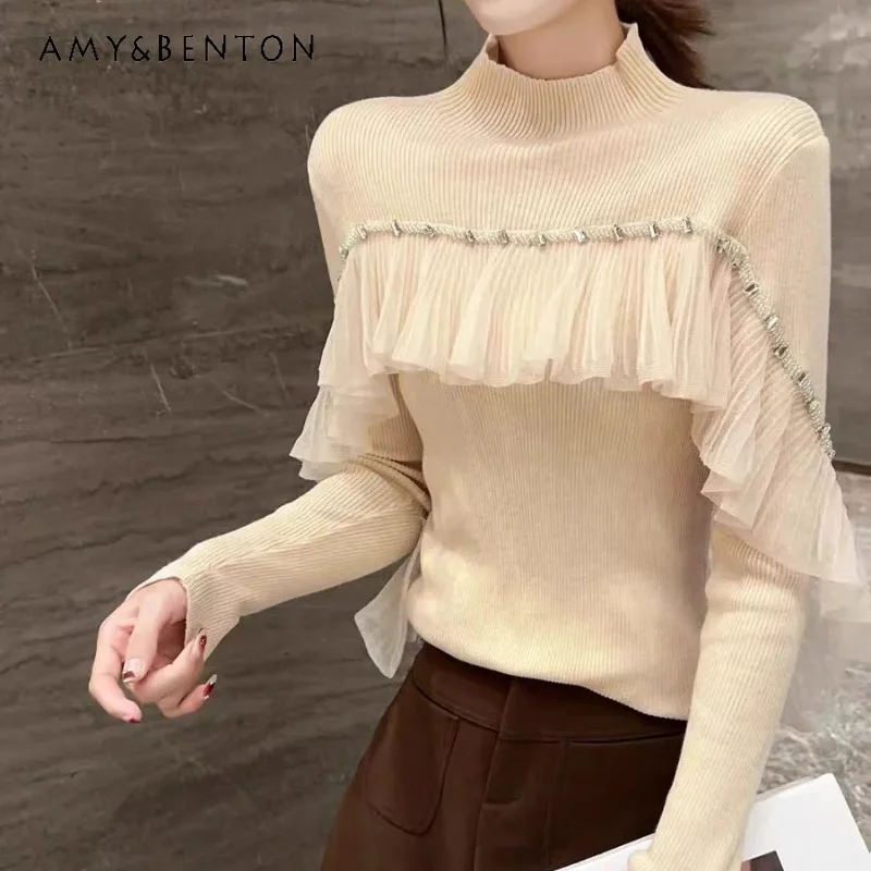 

Fungus Edge Apricot Outer Wear Autumn Winter TSweater Advanced Sense Cold Department Lace Temperament Knitted Long-sleeved Women