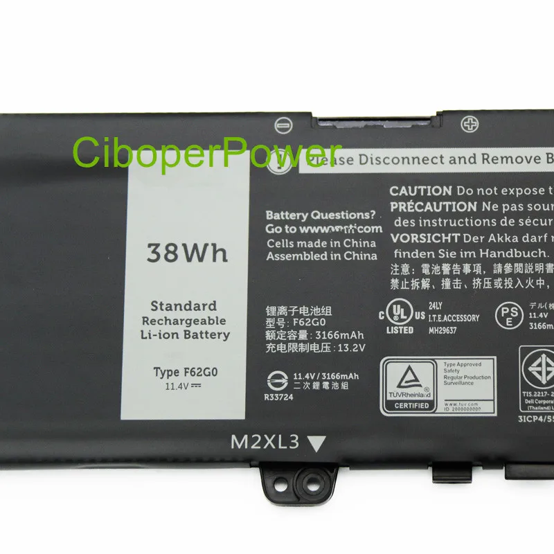 Original Batterie Für 11,4 V 38WH F62G0 Laptop Batterie Für 13 5370 7370 7373 7380 7386 5370 RPJC3 39DY5