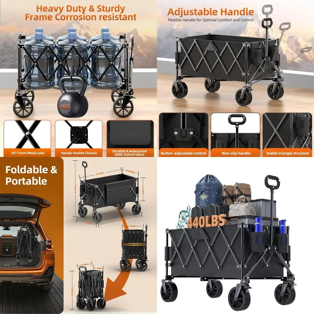 

Large Capacity 440lbs Folding Utility Wagon with Side Pockets - Heavy Duty Collapsible Cart for Beach, Camping, and Grocery Haul