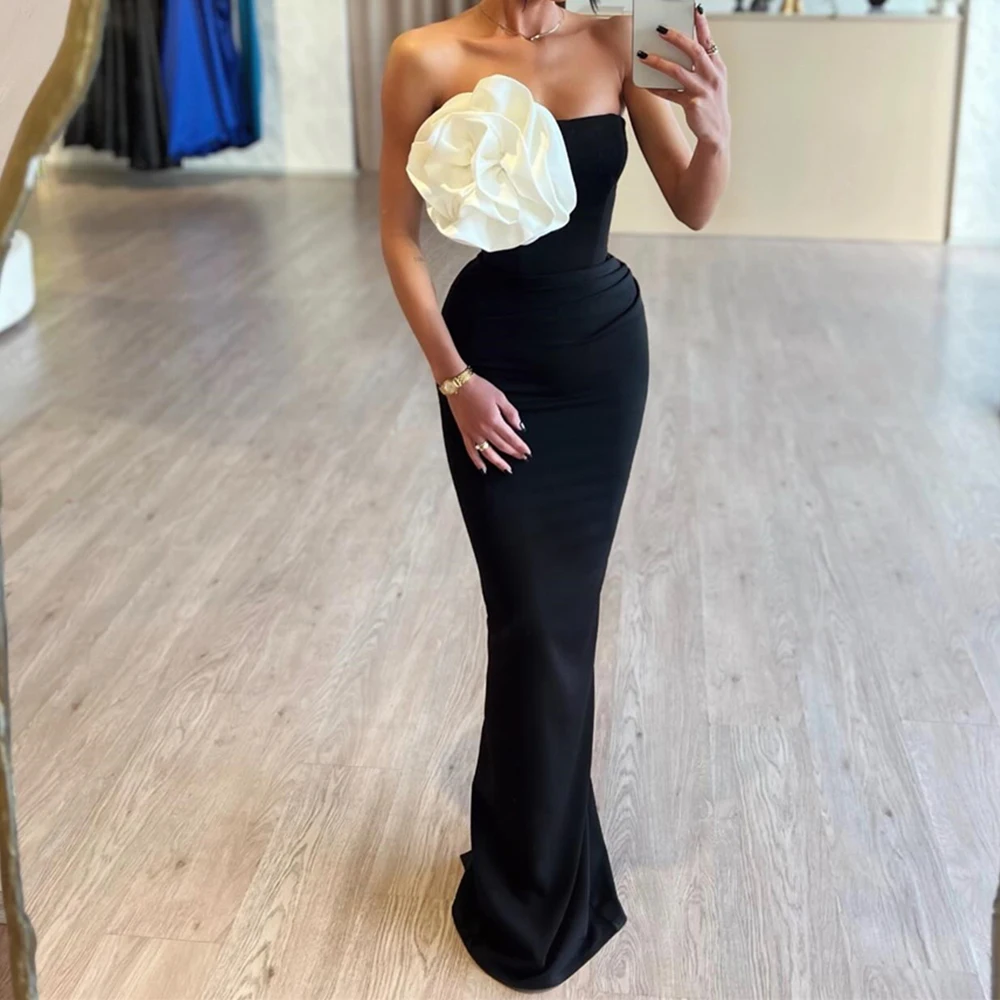 

Customized Graceful Strapless Contrast Color Flowers Evening Dress Temperament Jersey Sleeveless Pleats Vestido De Noche