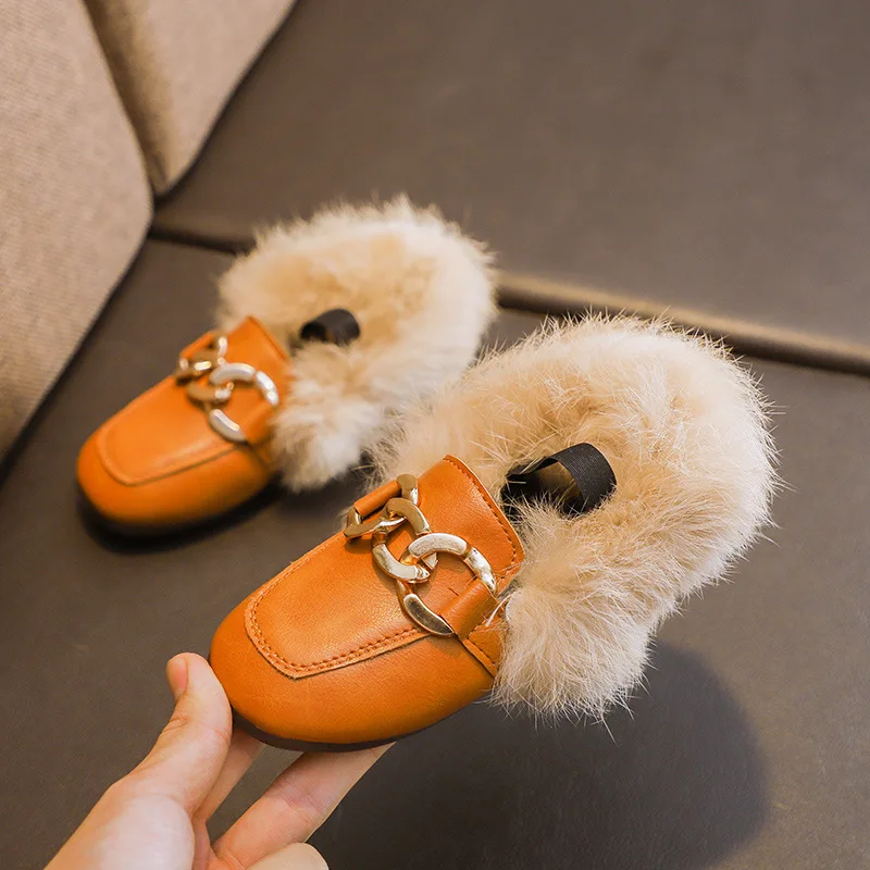 JGVIKOTO Brand Autumn Winter Girls Shoes Warm Cotton Plush Fluffy Fur Kids Loafers With Metal Chain Boys Flats Children Loafers