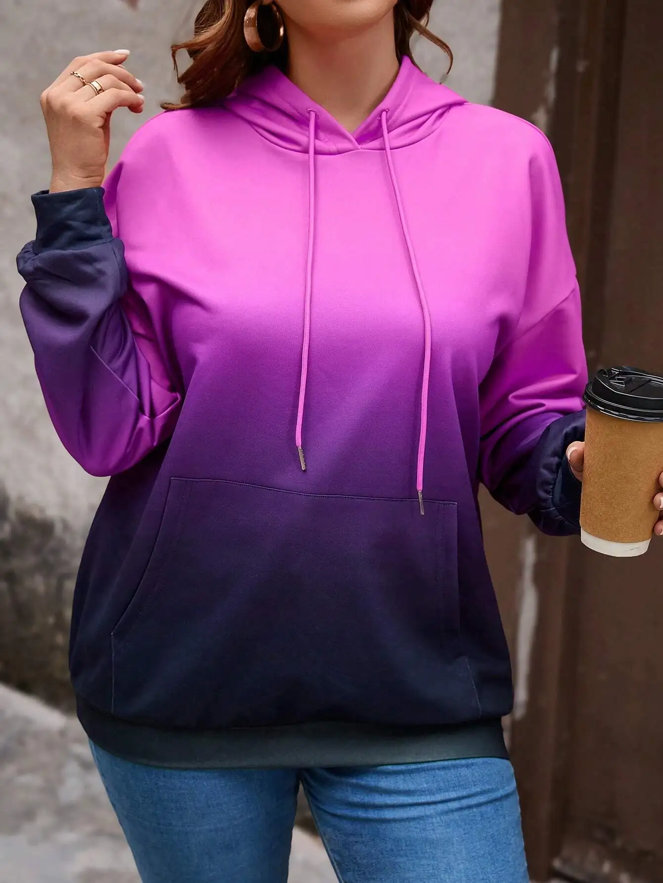 

Ombre Gradient Hoodie with Kangaroo Pocket and Drawstring, Loose Fit Women's Sweatshirt