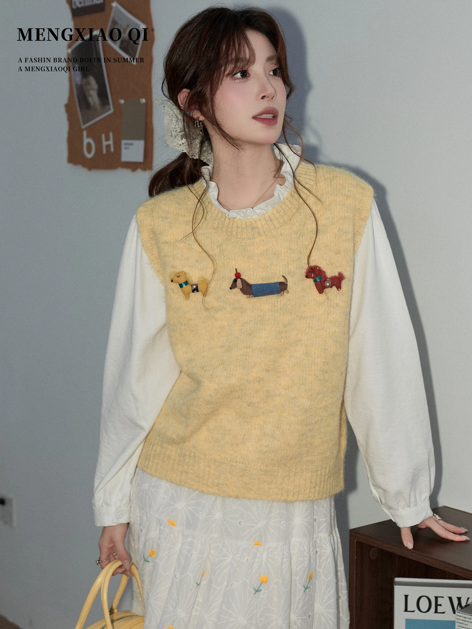 

Meng Xiaoqi Gentle Sle Long Sve Knitted irt Women's Inner Wear Wooden Trim Spring Faion Two-Piece Set