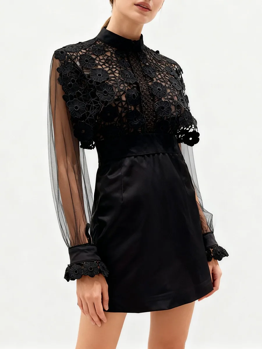 TWOTWINSTYLE スリミング シアー スプライス刺繍 ファッション ミニドレス レディース ラウンドネック 長袖 ハイウエスト ワンピース 女性用