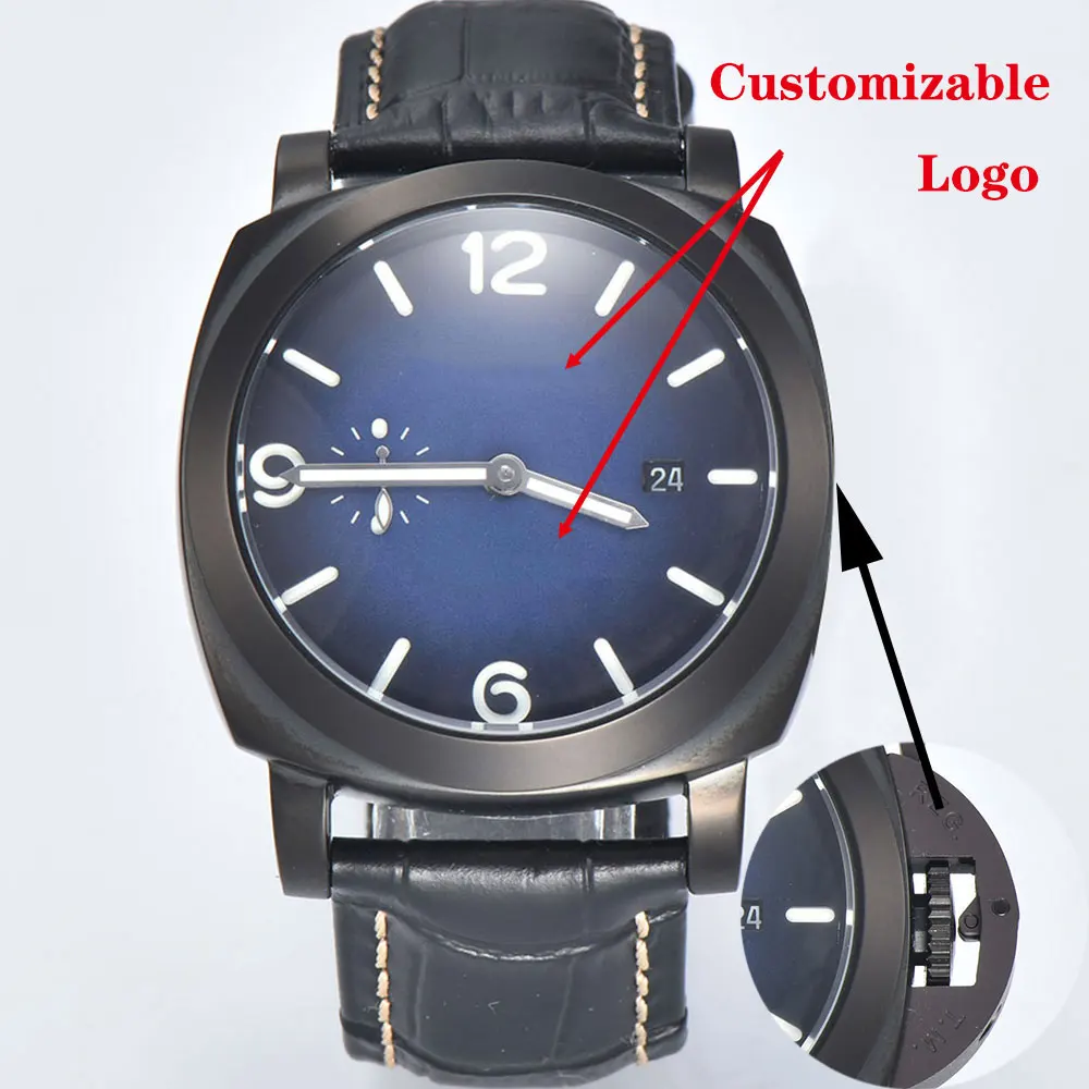 45mm 남성용 시계 ST2555 무브먼트 레트로 자동 기계식 시계 미네랄 유리 가죽 팔찌 맞춤형 로고