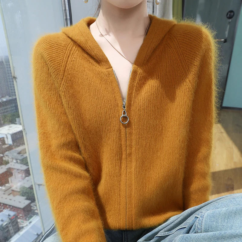 New 100% Mink Cashmere Sweater Women Autumn Winter Zipper Cap Casual Long Sleeve Coat 2024 New Knitwear High Quality Clothes