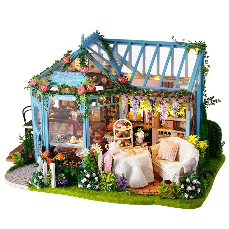 Kit de meubles de maison de thé de jardin de rose de LED, maison de poupée en bois de bricolage, chaise de maison de poupée, jouet de puzzle à la maison pour des enfants