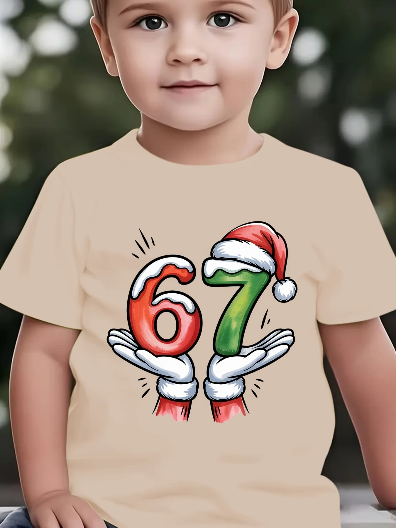 Christmas Summer Children's Fashion T-shirt, Number Six or Seven Christmas Hat, Hand Held Letter Printed Parent Child Top