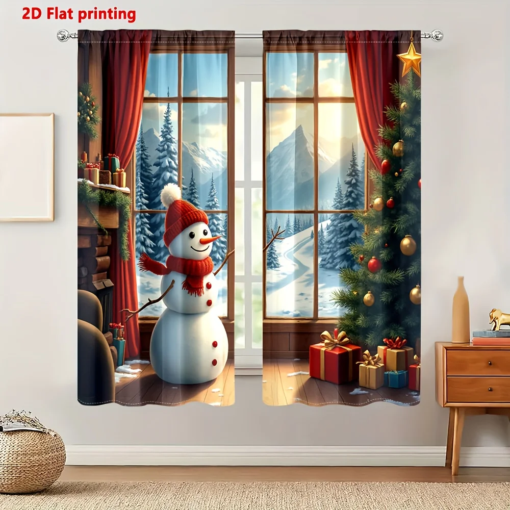 2pcs Snowman Mountain Print Christmas Curtains, Polyester Rod Pocket Design for Living Room Bedroom Winter Wonderland Decor