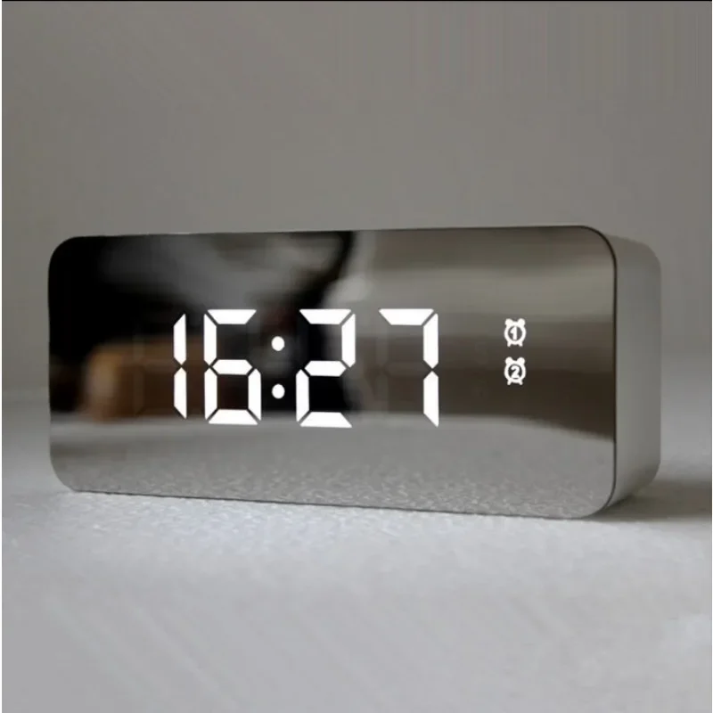 1Pc White LED Mirror Table Clock Snooze Display Time Night Light Desktop USB Alarm Clock Home Decor