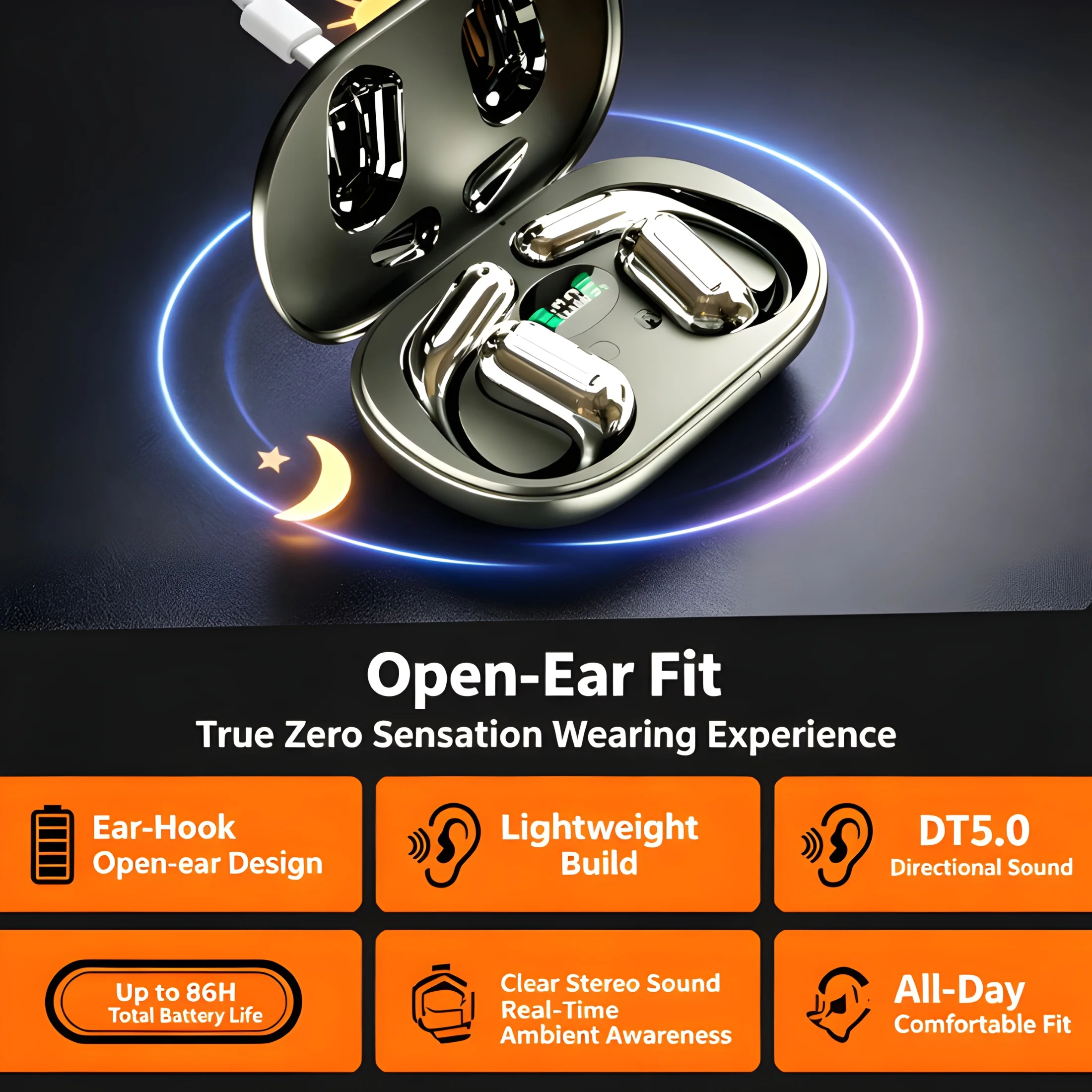 Wireless Open-Ear Bluetooth Earbuds with AI Translation Touch Control for Sports And Gaming Long Playback Earphones